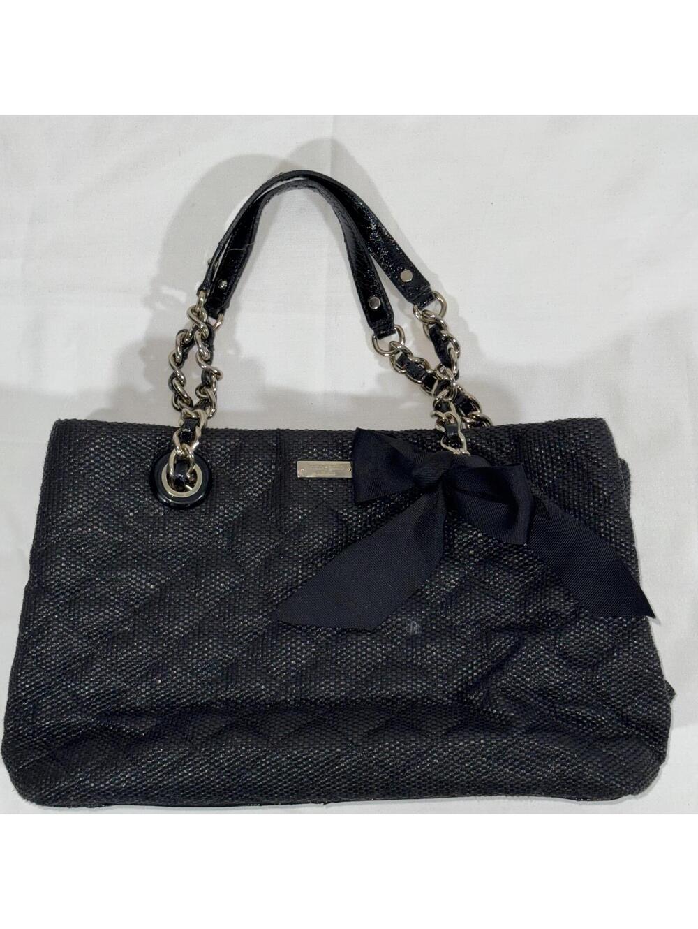 Kate Spade Mount Perry Darcy Black Quilted Tote Bag Gold Chain Bow Coquette